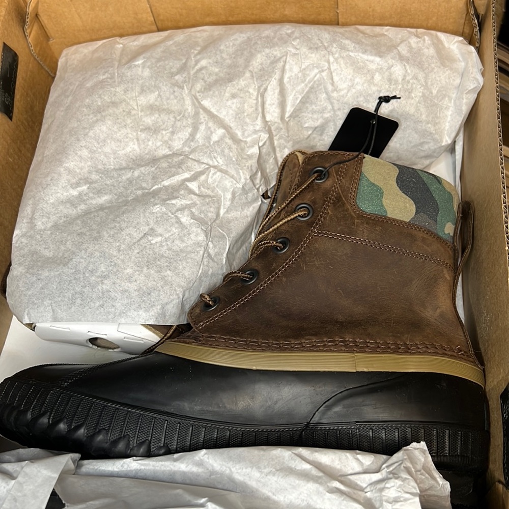 Sorel for J CREW Mens Cheyanne II Leather Duck Boots Brown Camo Size 11